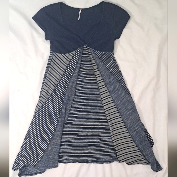 Free People Navy White Stripe Cotton Dress Distress Handkerchief Boho V Small - Picture 6 of 12